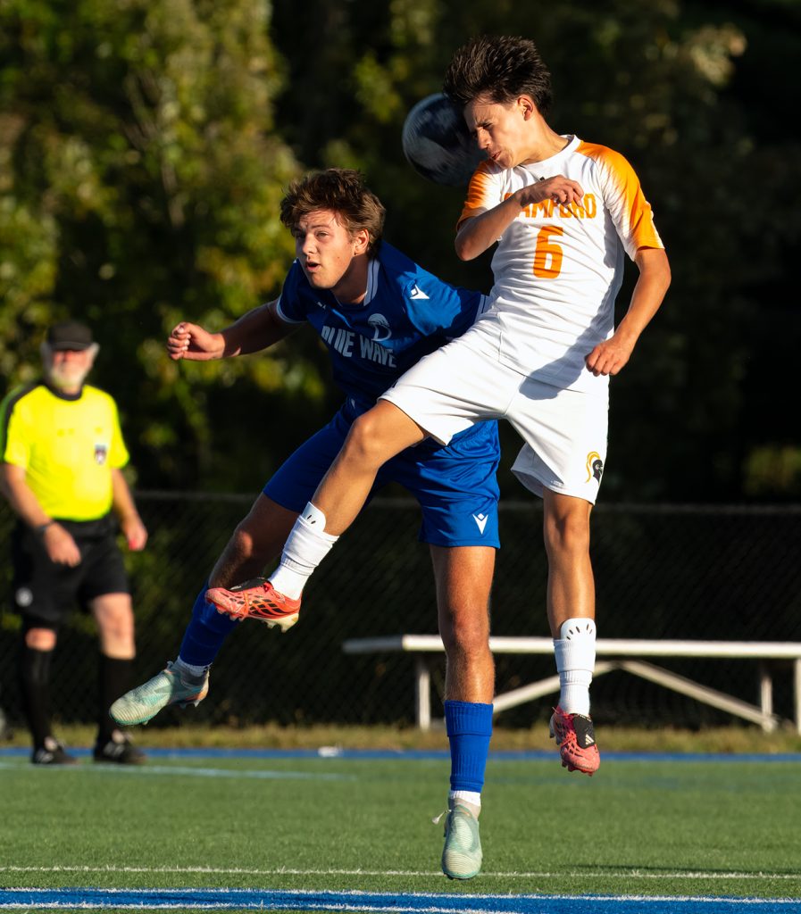 Stamford's Nicolas Segovia (6) goes uo for a header against Darien during a boys soccer game on Wednesday, Sept. 30, 2026. - Photo by James Barron